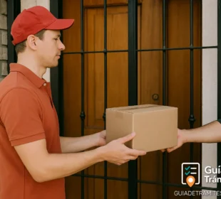 Factura Puerta a Puerta 2025: importaciones personales y tope 1 Entrega de paquete en una casa representando el sistema puerta a puerta